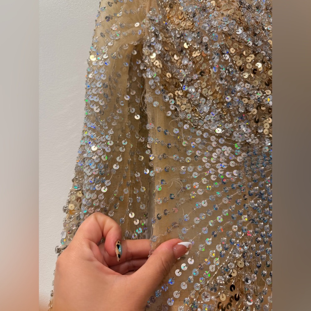 Jovani Gold Sequin Beaded Mini Dress | Long Sleeve Cocktail Dress Designer - Picture 8 of 14